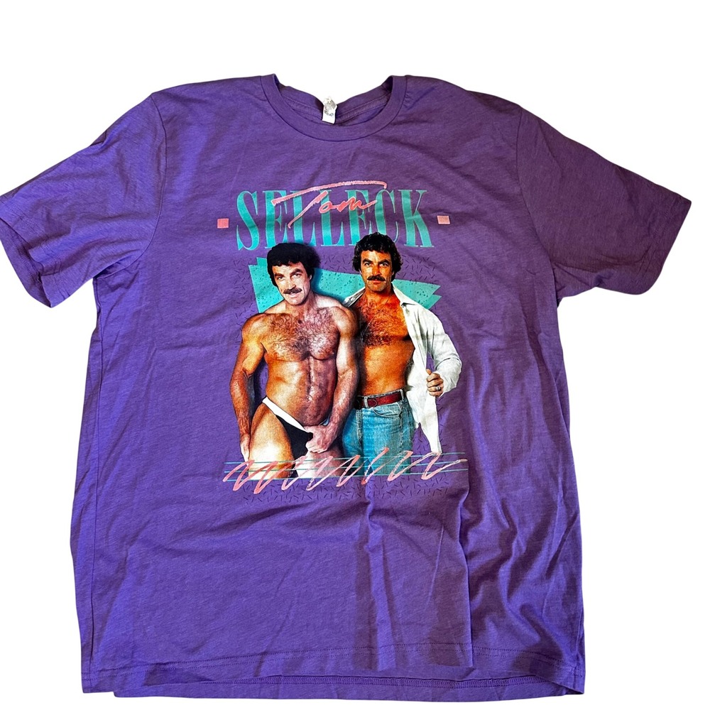 Tom Selleck Graphic Tee Mens 2XL Purple 80s Retro Vintage Style Bella Canvas
